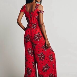 Free People Garden Party Red Floral Print Wide-Leg Jumpsuit SZ 8